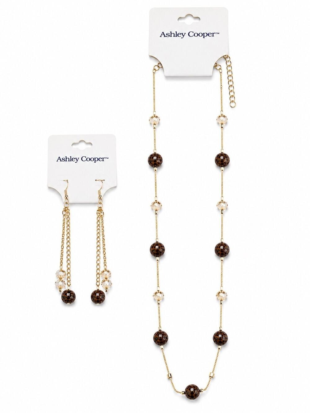 ASHLEY COOPER LEOPARD BEAD NECKLACE & DANGLE EARRINGS SET GOLD TONE NEW